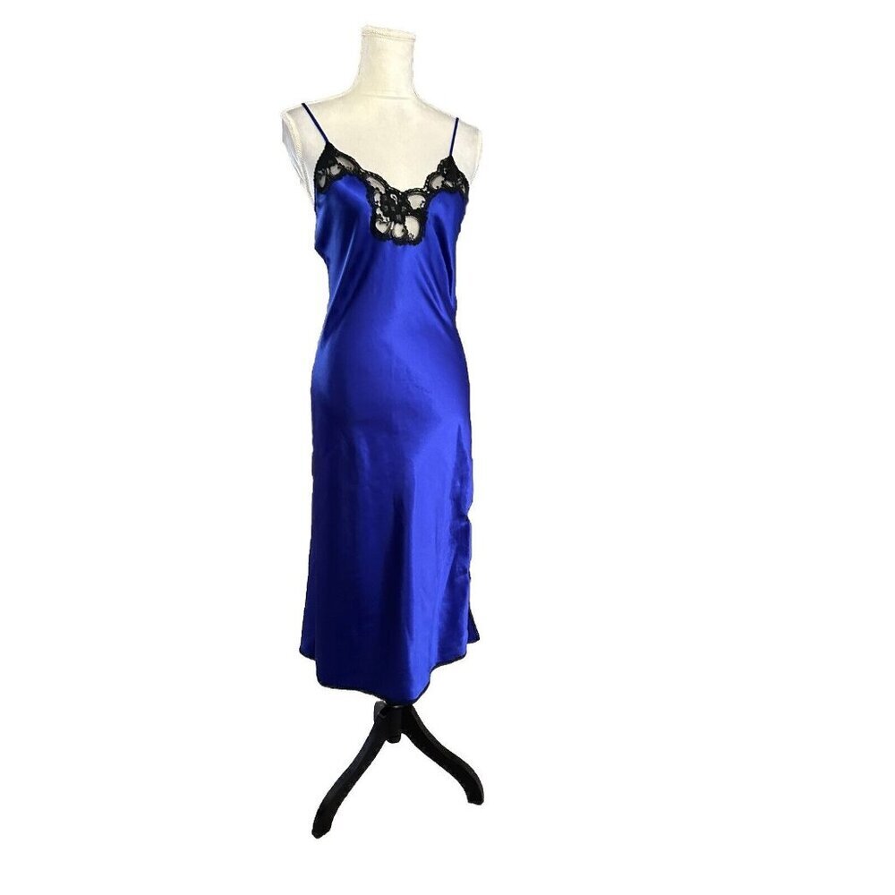 Vintage Satiny Lace Nightgown Side Slit Sexy Romantic Neglige’ Sapphire Blue